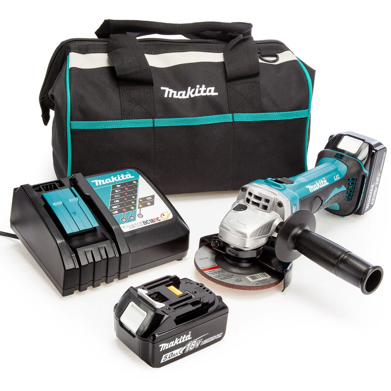 Makita Makita DGA452 18V LXT 4.5 inch/115mm Angle Grinder, Toolbag, Charger (2 x 5.0Ah Batteries) 00049