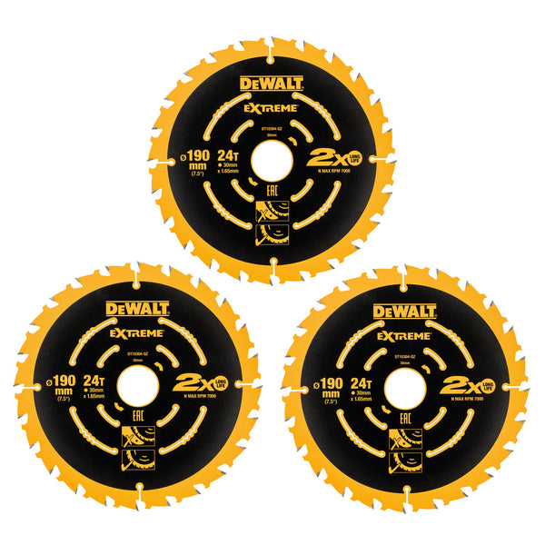 Dewalt Dewalt DT10399 Extreme Framing Circular Saw Blades for Wood 190 x 30mm x 24T (Pack Of 3) DT10399-QZ