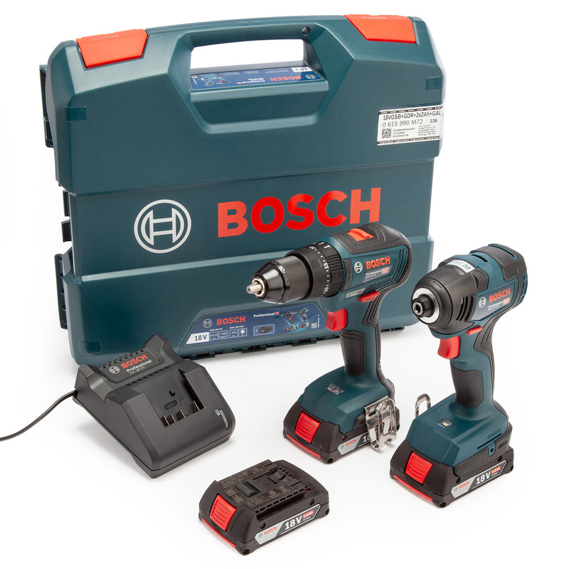 Bosch Bosch 18V Twin Pack - GSB 18V-55 Combi + GDR 18V-200 Impact Wrench (3 x 2.0Ah Batteries) in Case 0615990M72