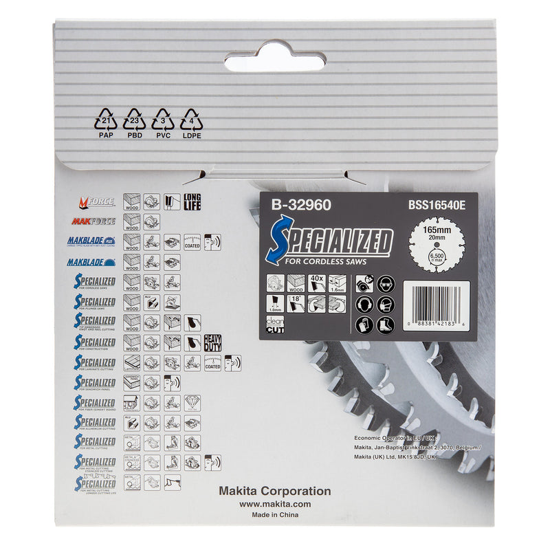 Makita Makita B-32960 Specialized Circular Saw Blade for Cordless Saws 165mm x 20mm x 40T B-32960