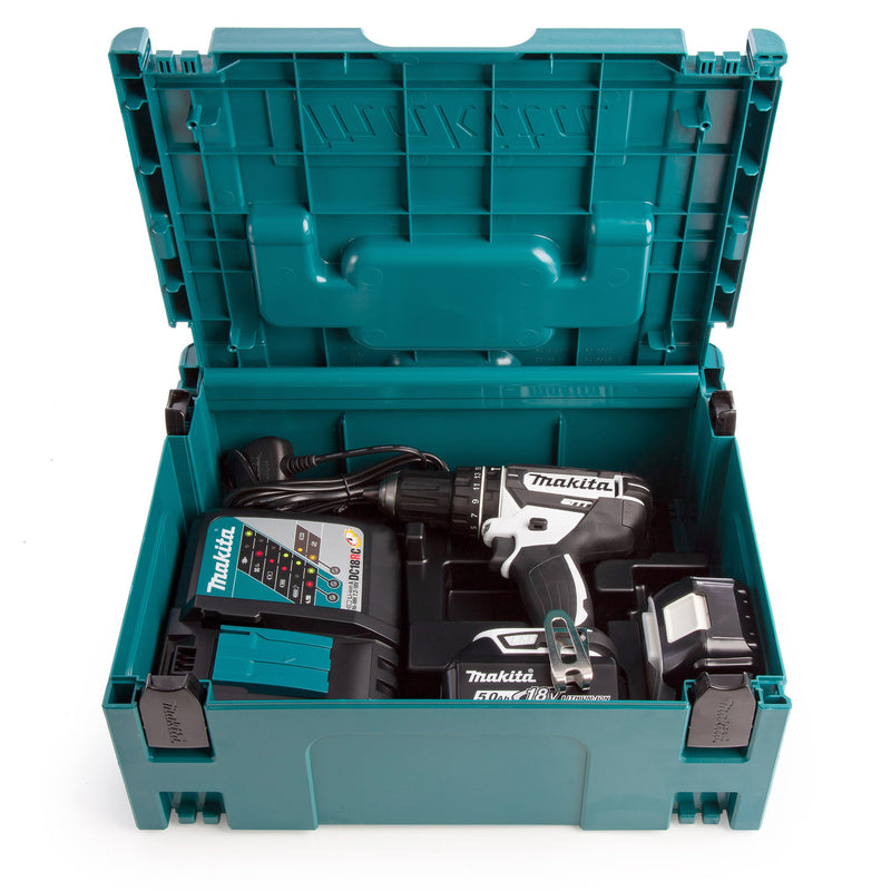 Makita Makita DHP482RTWJ 18V LXT White Combi Drill (2 x 5.0Ah Batteries) in MakPac Case DHP482RTWJ