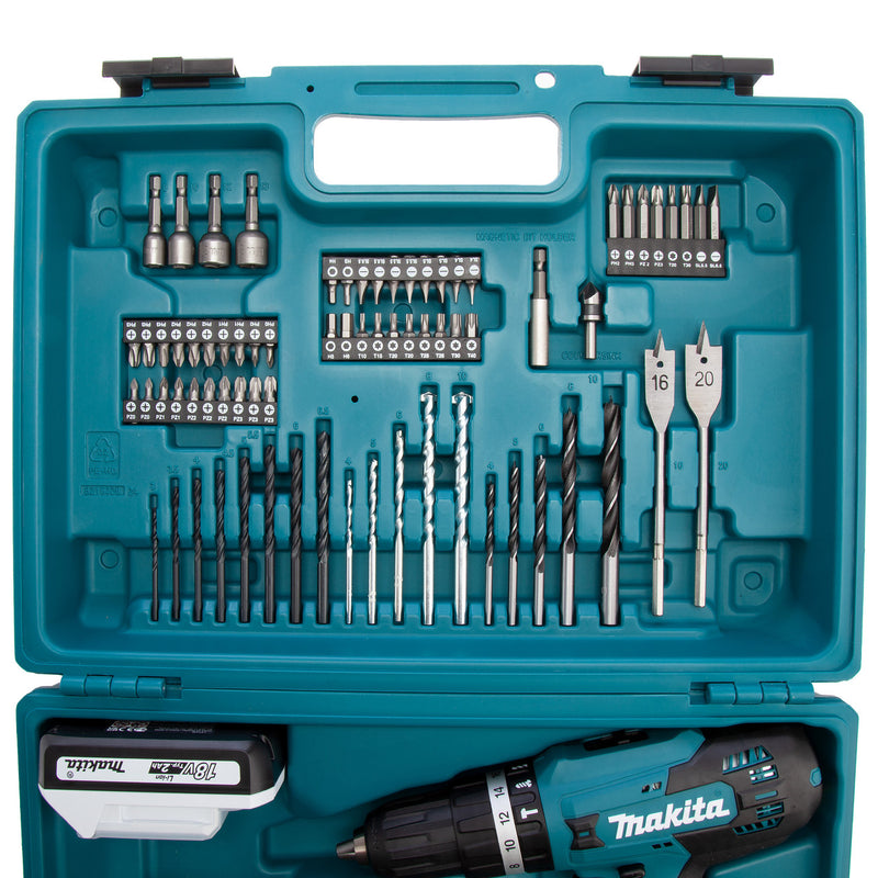 Makita Makita HP488DAEX1 18V G-Series Combi Drill (2 x 2.0Ah Batteries) with 74 Piece Accessory Set HP488DAEX1