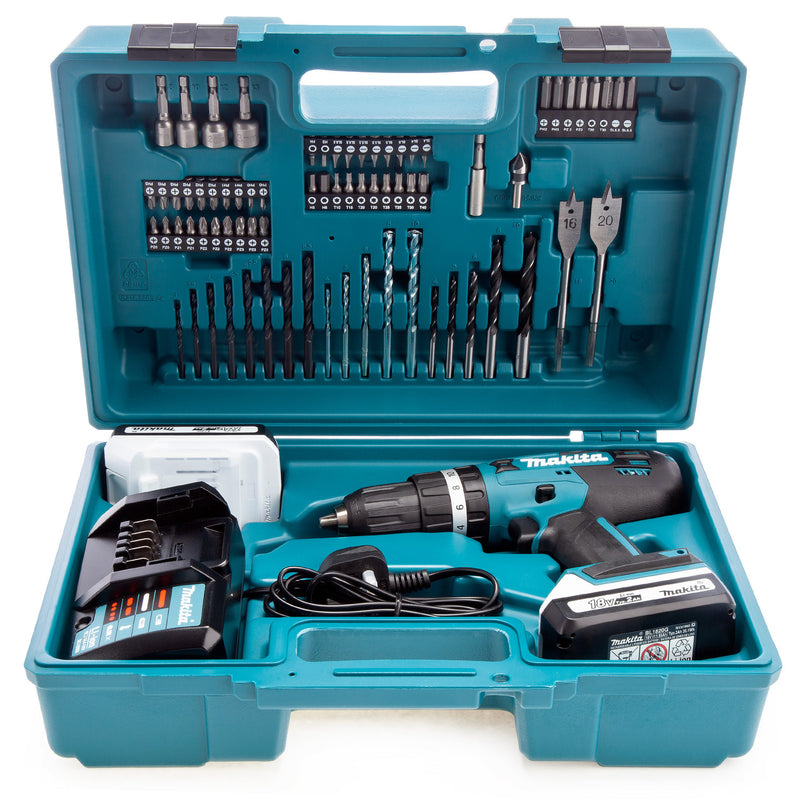 Makita Makita HP488DAEX1 18V G-Series Combi Drill (2 x 2.0Ah Batteries) with 74 Piece Accessory Set HP488DAEX1