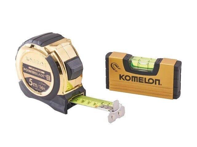 Komelon Tape Measure 5m (16ft) Gold PowerBlade II & Mini spirit Level